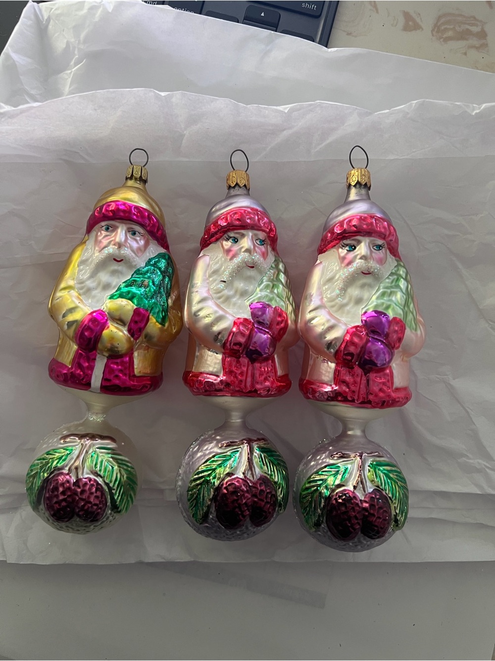 Christopher Radko Pink, Gold & Green Santa Glass Drop Ornaments